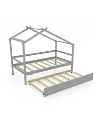 Gouun Kids Twin House Bed with Roof and Pull-Out Trundle for Sleepovers