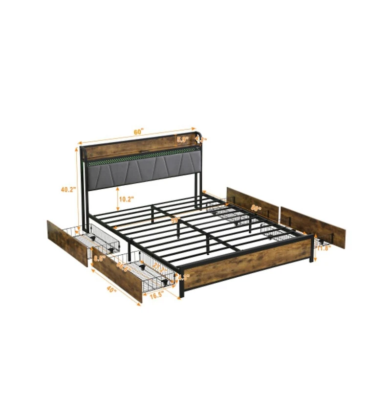 Lucky One Full Size Platform Bed Frame with Usb Outlets and Rgb Led Lights, 4 Storage Drawers, Heavy Duty Metal Slats, No Box Spring Needed