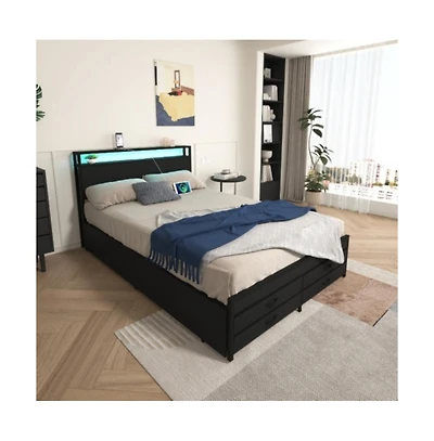 Lucky One Full Size Bed Frame with 8 Storage Drawers, Led Headboard, Usb Charging Station, Metal Platform