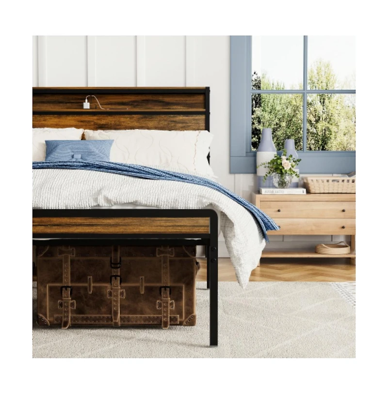 Lucky One Queen Size Bed Frame with Storage Headboard, Led Lights, Usb Charging Station, Metal Slats, No Box Spring Needed