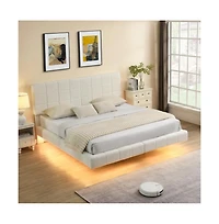 Lucky One King Size Boucle Floating Bed with Led Light, Anti-Collision Corners, No Box Spring Needed, Easy Clean Under-Bed