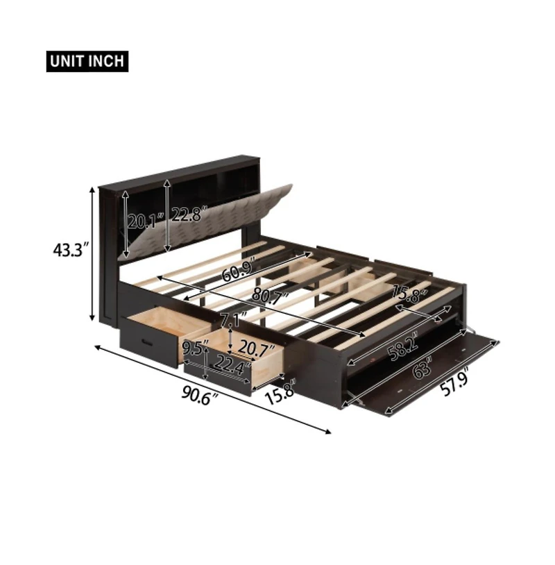 Lucky One Queen Size Wood Platform Bed with Storage Headboard, 4 Drawers, Shoe Rack, Wood Slats, No Box Spring Needed