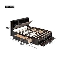 Lucky One Queen Size Wood Platform Bed with Storage Headboard, 4 Drawers, Shoe Rack, Wood Slats, No Box Spring Needed