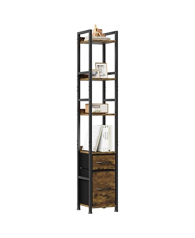 homfan 6-Tier Tall Narrow Industrial Bookshelf with 2 Fabric Drawers, Metal Frame