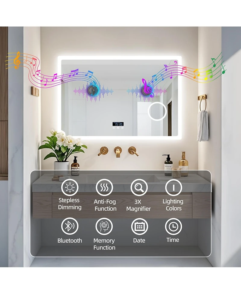 Luvodi Wall-Mounted 40"x24" Makeup Vanity Led-Bathroom-Mirror with Bluetooth Speaker, Time Display, Anti-Fog, Memory Function, Temperature