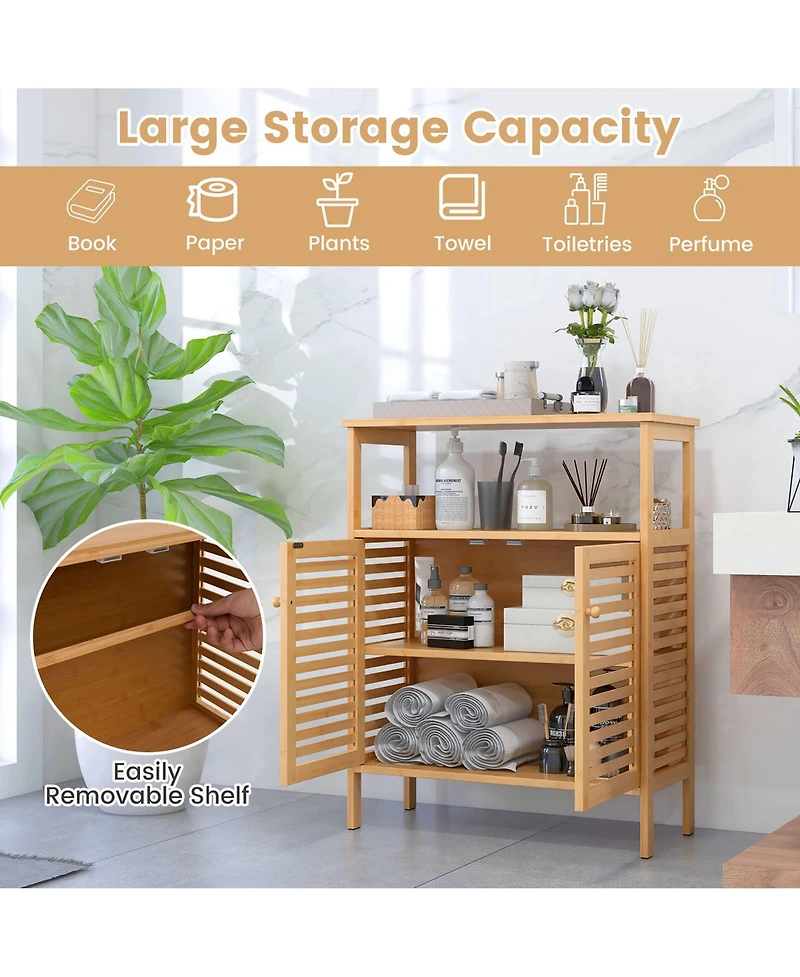 Gymax Bathroom Floor Cabinet Freestanding Bamboo Storage Organizer w/ Double Shutter Doors