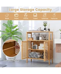 Gymax Bathroom Floor Cabinet Freestanding Bamboo Storage Organizer w/ Double Shutter Doors