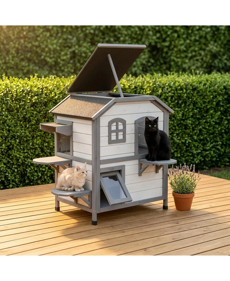 Ruie 2 Story Wooden Outdoor Cat House Weatherproof Enclosure with Openable Roof