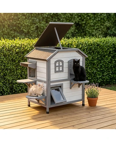 Ruie 2 Story Wooden Outdoor Cat House Weatherproof Enclosure with Openable Roof