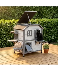 Ruie 2 Story Wooden Outdoor Cat House Weatherproof Enclosure with Openable Roof
