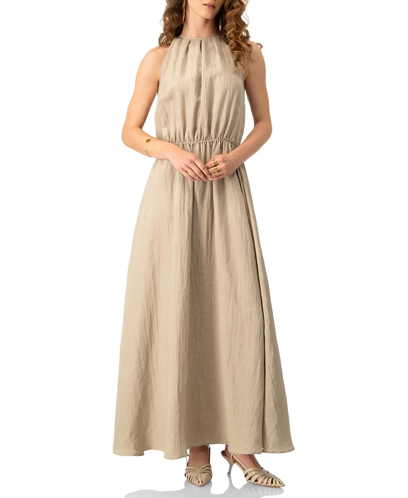 Ivonne Sleeveless Crinkle Halter Maxi Dress with Cinched Waist A-Line