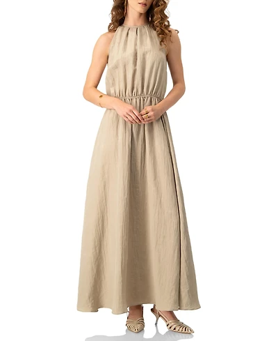 Ivonne Sleeveless Crinkle Halter Maxi Dress with Cinched Waist A-Line