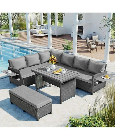 Asagikoiai 5-Piece Rattan L-Shaped Outdoor Sectional Sofa Set with Coffee and Side Tables-Asagikoiai