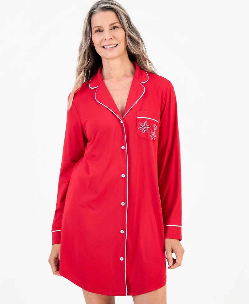 Charter Club Women's Long-Sleeve Button-Front Notched Sleep Shirt, Macy's Exclusive