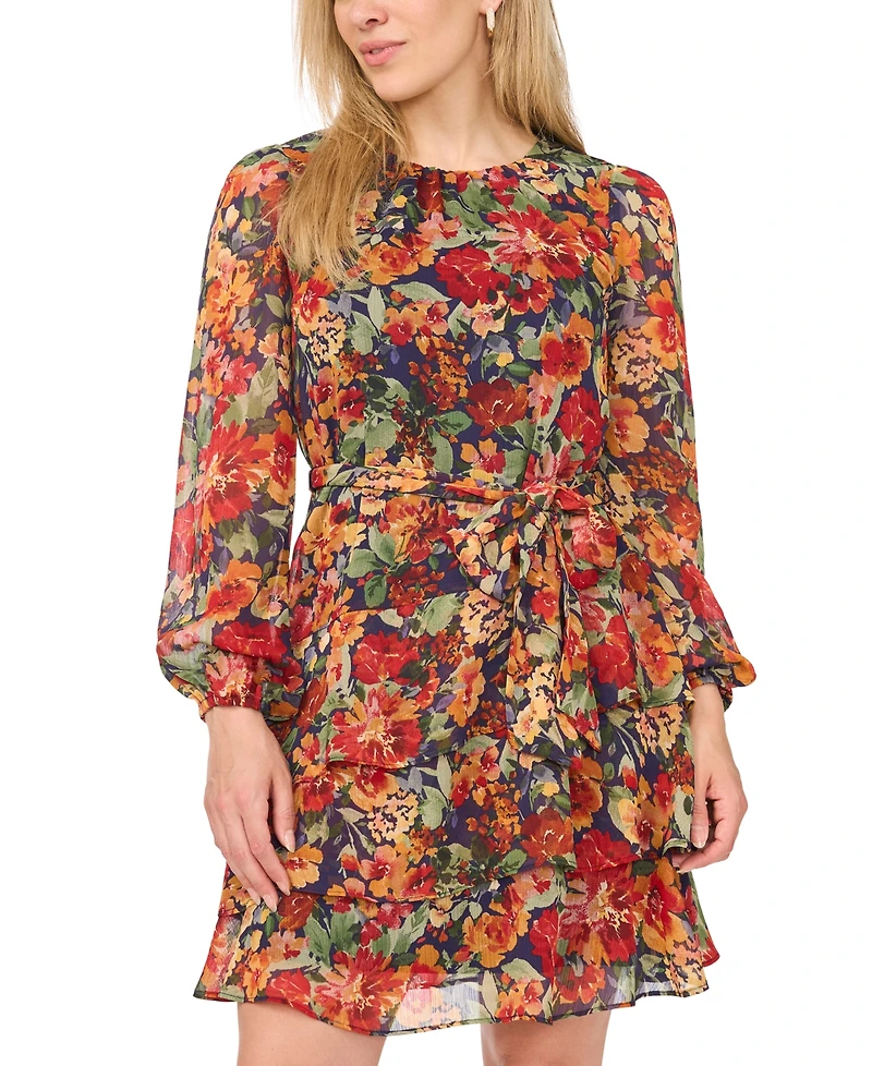 Msk Petite Round Neck Tiered Chiffon Fit & Flare Dress