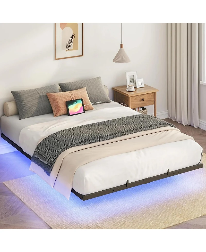 Slickblue Full Size Floating Bed Frame with Led Lights, Charging Station and Metal Platform Frame