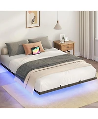 Slickblue Full Size Floating Bed Frame with Led Lights, Charging Station and Metal Platform Frame