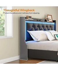 Slickblue Queen Size Upholstered Platform Bed Frame with Led Headboard and Built-In Charging Station