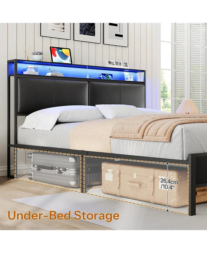 Slickblue Full Size Metal Bed Frame with Led Headboard, Charging Station and Noise-Free Design