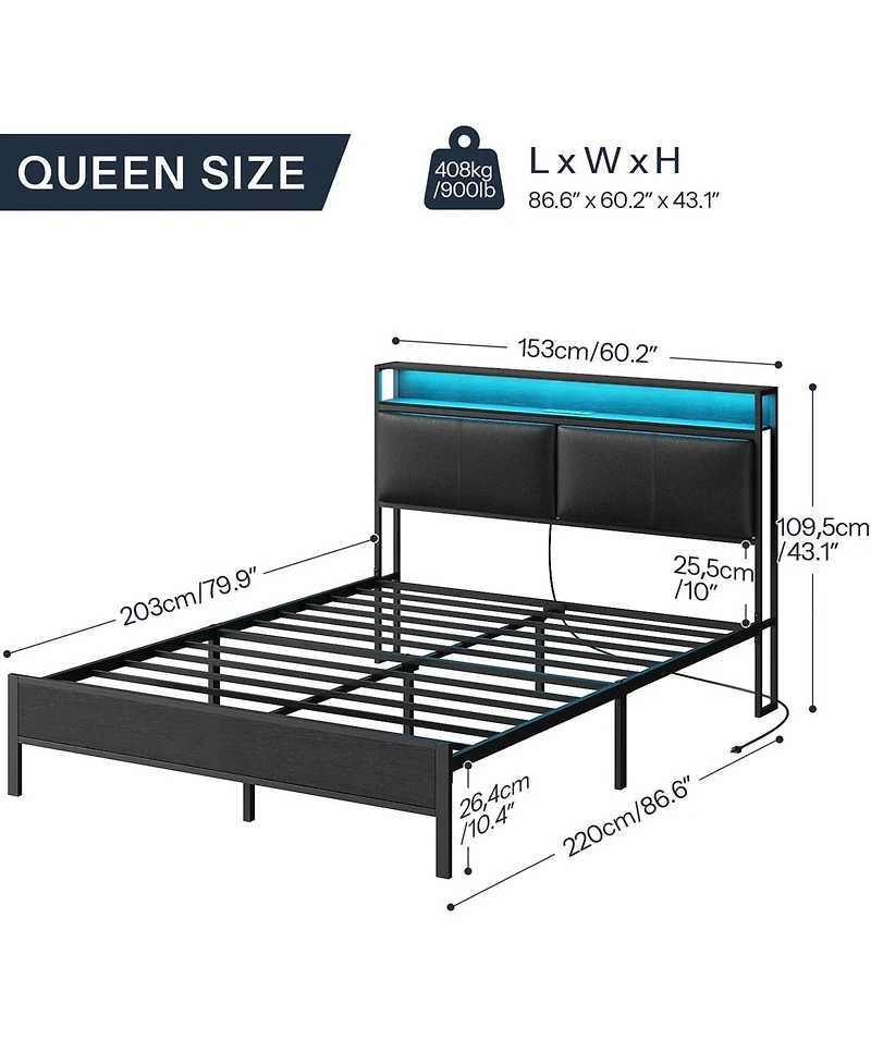 Slickblue Queen Size Metal Bed Frame with Led Headboard, Open Storage Shelves And Noise-Free Design