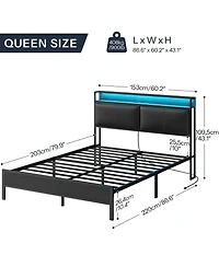 Slickblue Queen Size Metal Bed Frame with Led Headboard, Open Storage Shelves And Noise-Free Design