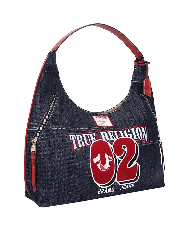 True Religion Varsity Logo Zip Pocket Denim Hobo Bag – Dark Denim Shoulder Purse