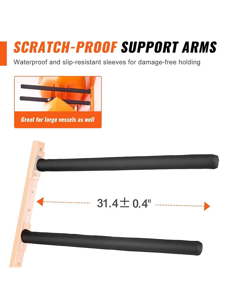 Sevorley Wall-Mounted Kayak Storage Rack, Steel 4-Kayak Holder with Adjustable Padded Arms, 400 lb Capacity