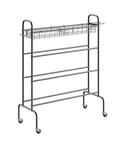 Sevorley 4-Tier Rolling Basketball Rack, Sports Ball Storage Organizer with Wheels, Hooks, and Baskets