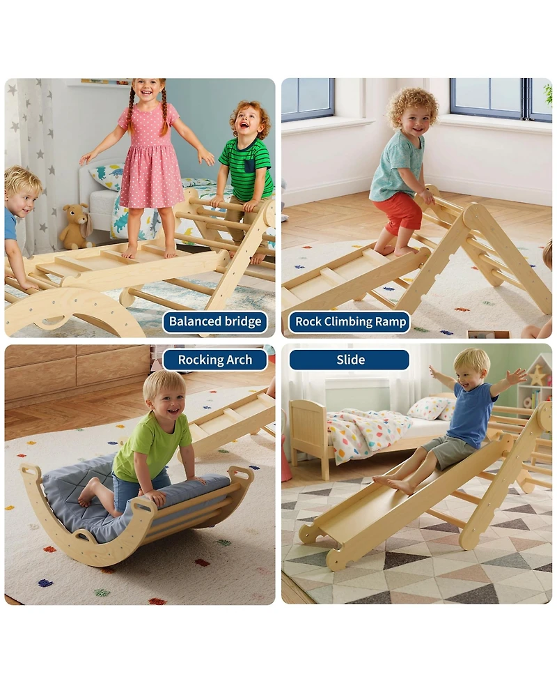 homfan 7-in-1 Educational Wooden Climbing Frame Triangle Climbing Set for Toddlers – Collapsible Triangle, Arch, Ramp and Ladder