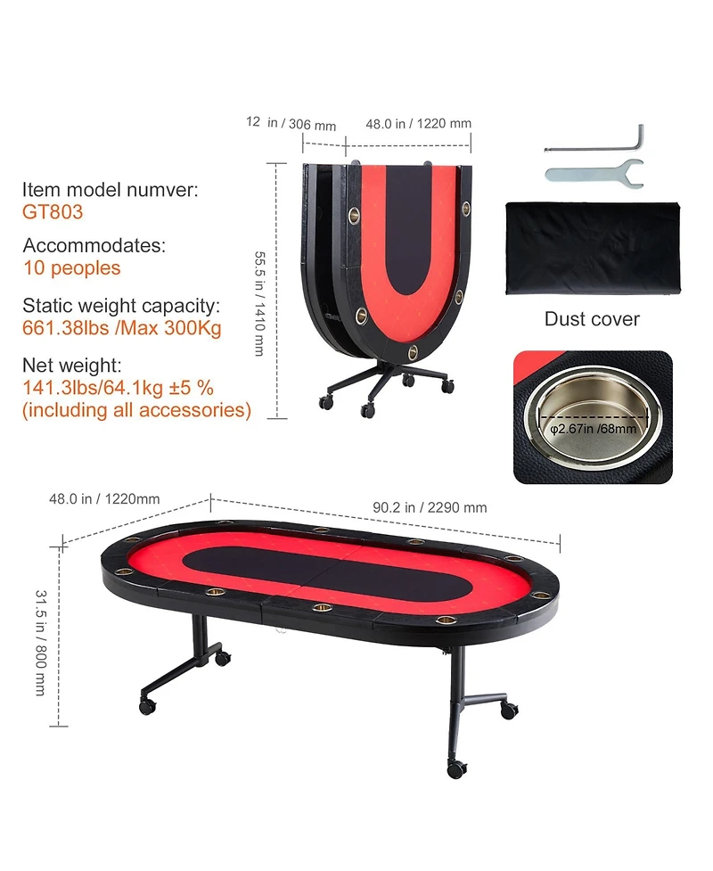 Sevorley 10-Player Foldable Poker Table, 90 inch Oval Casino Table with Padded Rails and Cup Holders