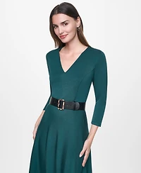 Dkny Women's Long Sleeve V-Neck Belted Fit and Flare Midi Dress