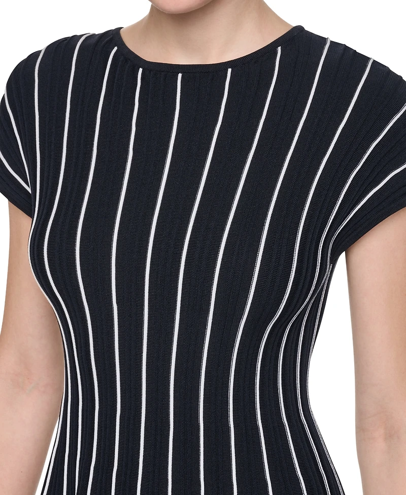 Dkny Women's Cap Sleeve Crew Neck Ribbed Fit and Flare Sweater Dress