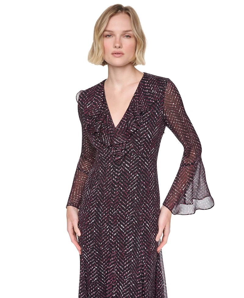 Dkny Women's Long Bell Sleeve V-Neck Ruffle Godet Midi Dress