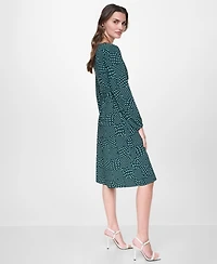 Dkny Women's Long Sleeve Surplice V-Neck Twist-Front Fit and Flare Midi Dress