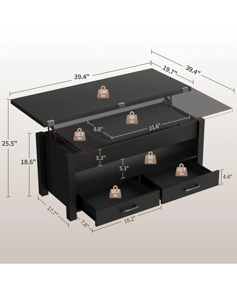 homfan 40" Lift-Top Coffee Table with Drawers and Hidden Storage, Convertible Dining for Living Room