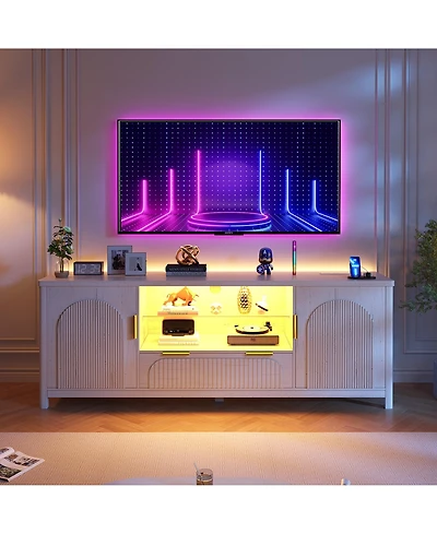 Vlsrka 63" Fluted Tv Stand with Charging Station, Led Lights and Adjustable