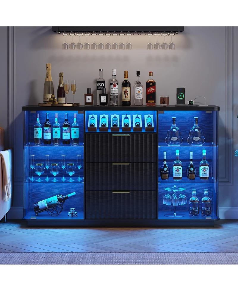 Vlsrka Modern Buffet Cabinet with Wine Storage, Led Lights and Glass Doors
