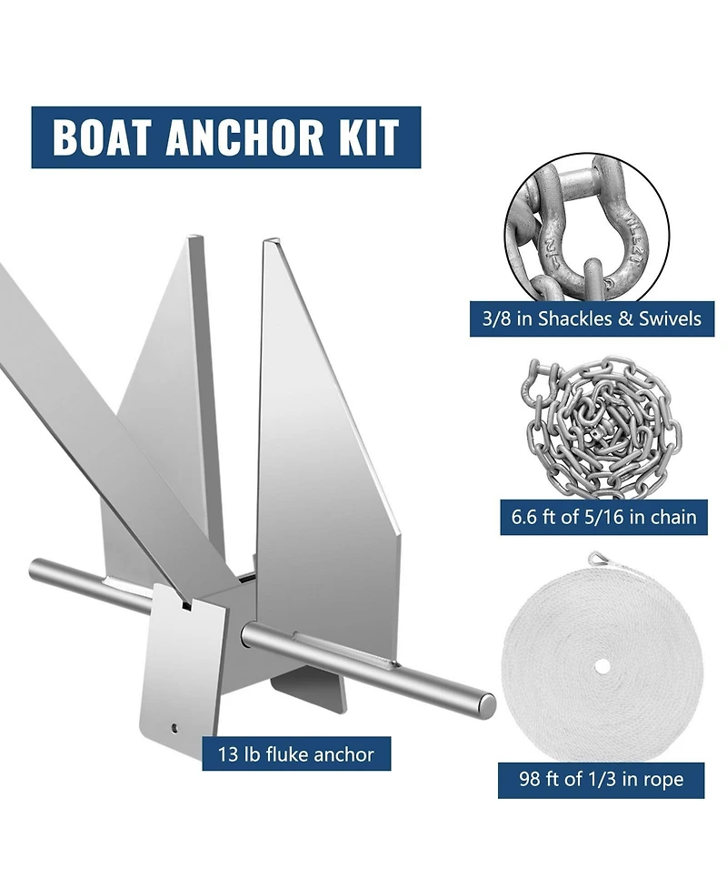 Sevorley Fluke Style Boat Anchor Kit, 13 lb Galvanized Steel Anchor with Chain, Rope and Shackles for 20-32 feet Boats