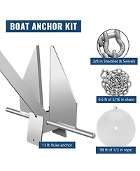 Sevorley Fluke Style Boat Anchor Kit, 13 lb Galvanized Steel Anchor with Chain, Rope and Shackles for 20-32 feet Boats