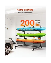 Sevorley Rolling Kayak Storage Rack for 3 Kayaks, Freestanding Steel Stand with Lockable Wheels, 200 lb Capacity