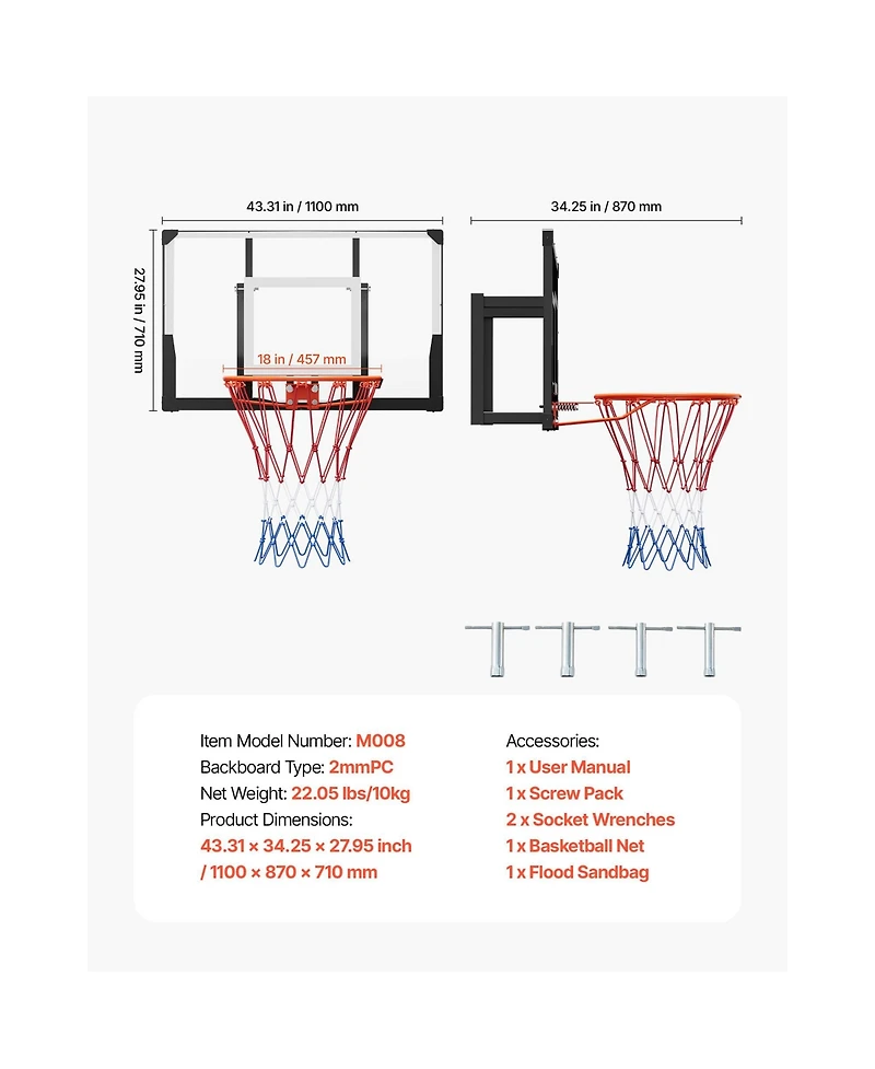 Sevorley 44-Inch Wall Mount Basketball Hoop with Shatterproof Pc Backboard and Steel Rim