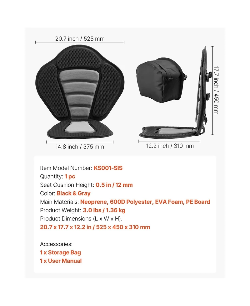 Sevorley Universal Kayak Seat with Back Support, 0.5" Padded Cushion with Storage Bag and Adjustable Straps