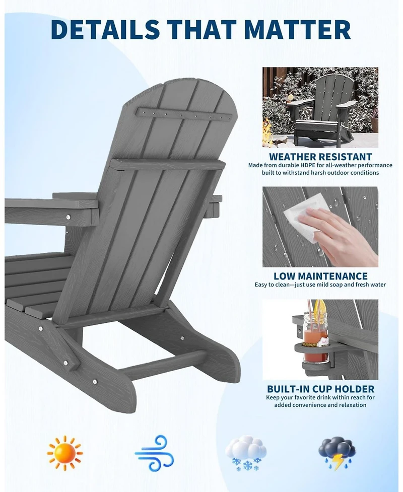 homfan Outdoor Folding Adirondack Chair Set of 4 with 2 Side Tables, Hdpe, Cup Holder.