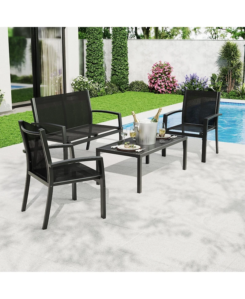 homfan 4-Piece Patio Conversation Set with Loveseat, 2 Chairs and Glass Coffee Table, Textilene Fabric, Metal Frame