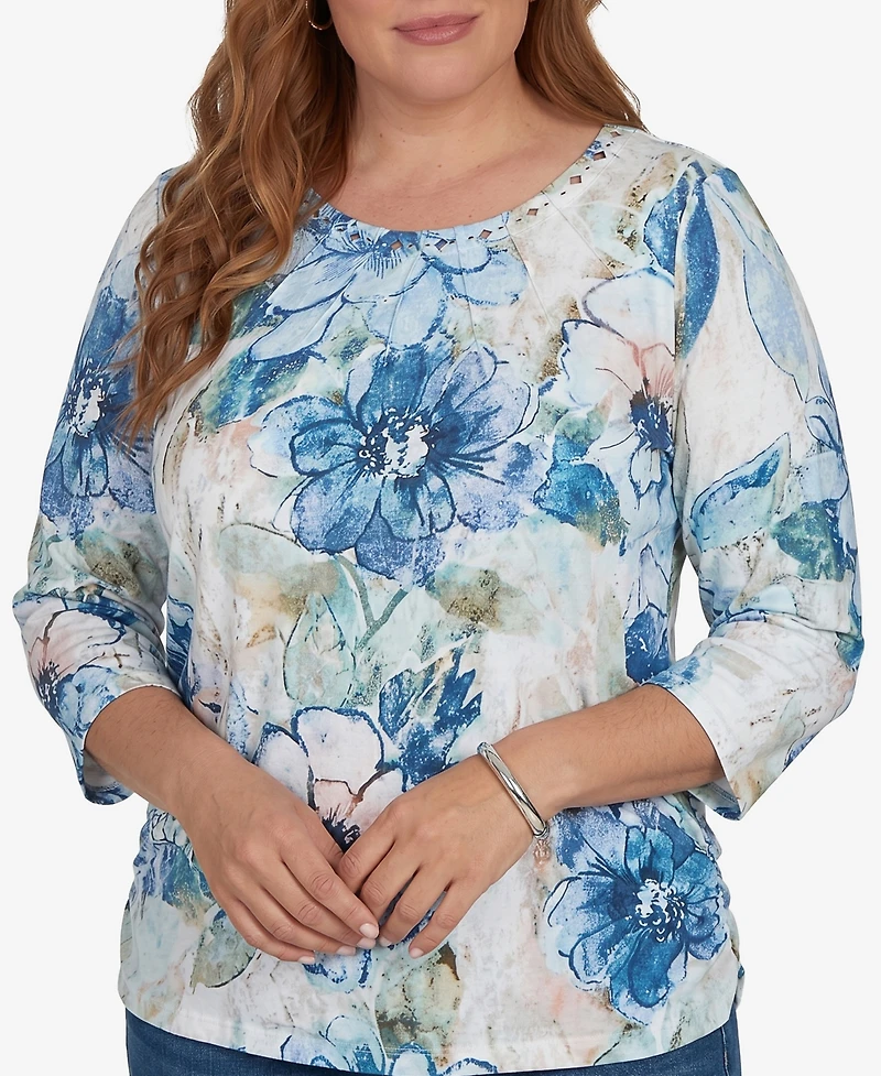 Alfred Dunner Plus Etched Florals Ruched Sides Top
