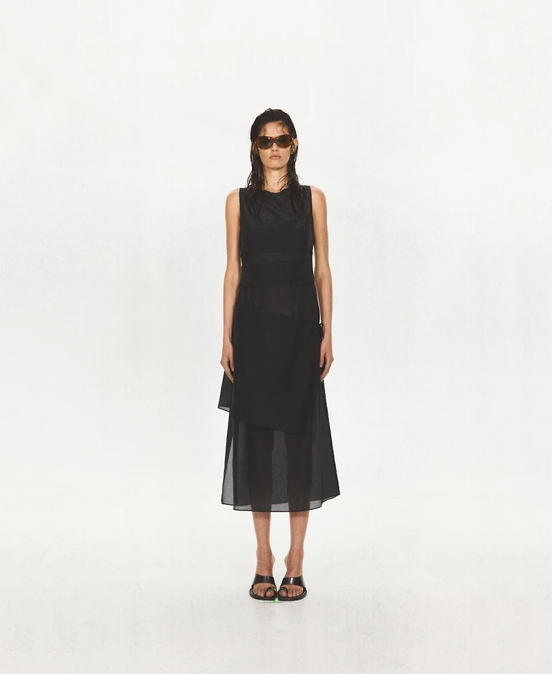 Mango Women's Asymmetrical Overlay Semi-Sheer Midi Dress