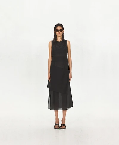 Mango Women's Asymmetrical Overlay Semi-Sheer Midi Dress
