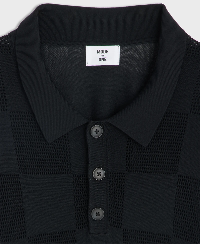 Mode of One Women's Checkerboard-Knit Relaxed-Fit Polo Shirt, Macy's Exclusive