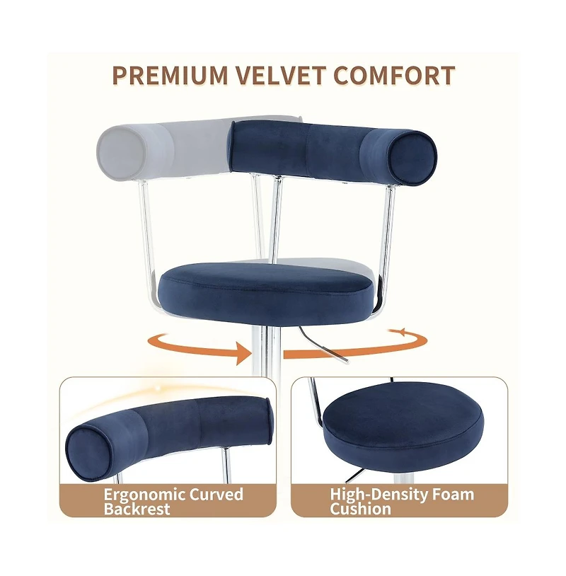 Maison Boucle Set of 2 Soft Velvet Upholstered Swivel Adjustable Bar Stools, 360-Degree Counter-Height Chairs, Chrome Silver Base