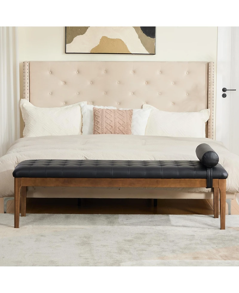 Maison Boucle 66" Upholstered End of Bed Bench with Headrest, Nano Leather Upholstery Button-Tufted Bench, Solid Rubberwood Legs, Entryway Shoe